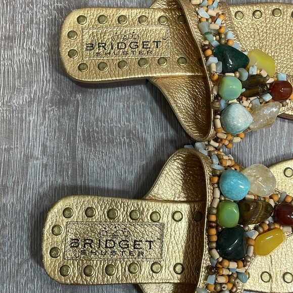 Bridget Shuster Gold Leather Thong Slip On Sandals Beaded Natural Stones 6.5 - Picture 7 of 15